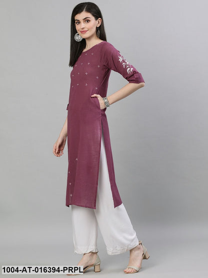 Purple Three-Quarter Sleeves Straight Solid Solid Cotton Kurta