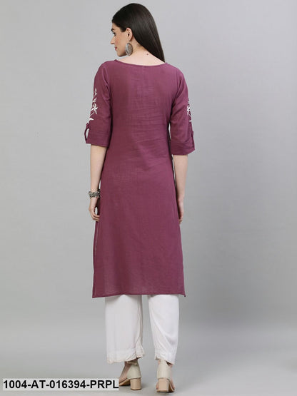 Purple Three-Quarter Sleeves Straight Solid Solid Cotton Kurta
