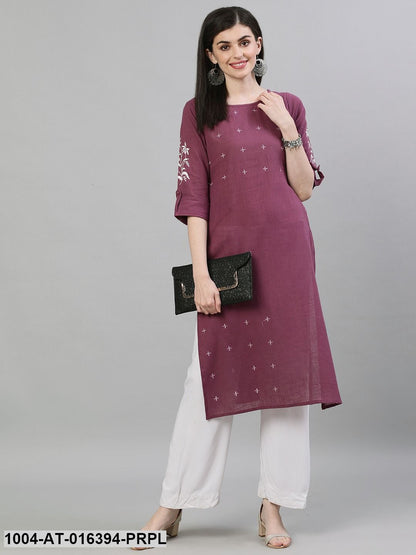 Purple Three-Quarter Sleeves Straight Solid Solid Cotton Kurta