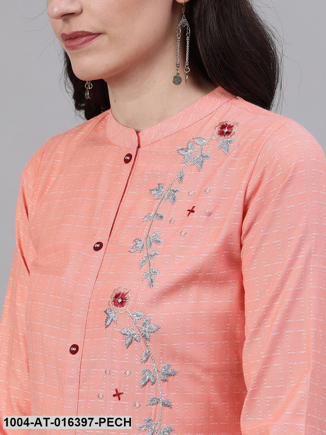 Peach Three-Quarter Sleeves Straight Abstract Embroidered Viscose Rayon Kurta