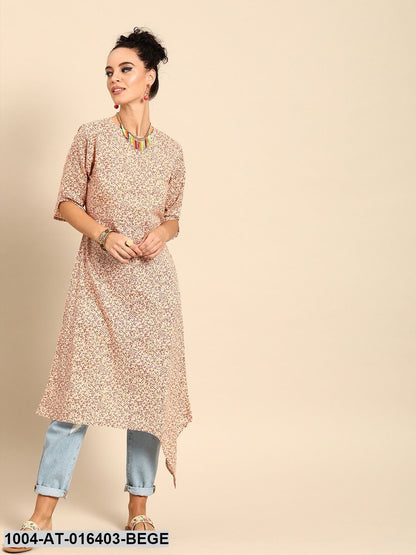 Beige Three-Quarter Sleeves A-Line Floral Printed Cotton Kurta