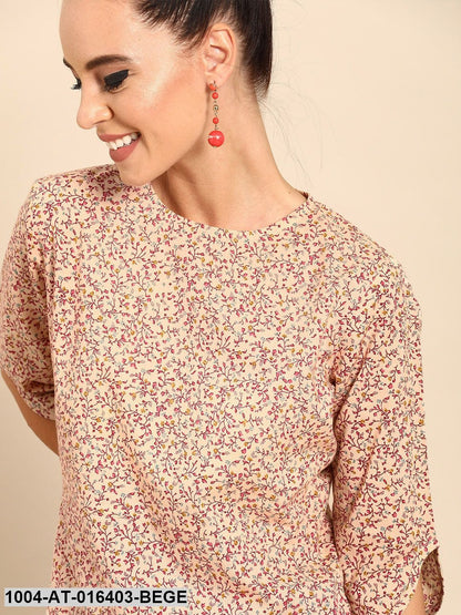 Beige Three-Quarter Sleeves A-Line Floral Printed Cotton Kurta