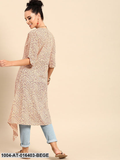 Beige Three-Quarter Sleeves A-Line Floral Printed Cotton Kurta