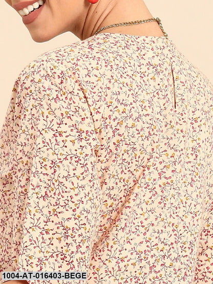 Beige Three-Quarter Sleeves A-Line Floral Printed Cotton Kurta
