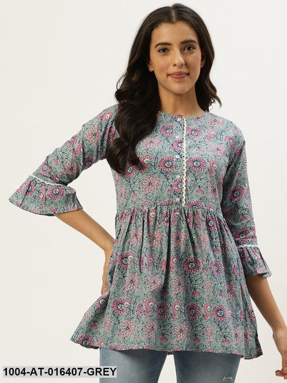 Grey  Printed Flared Floral Pure Cotton Kurti