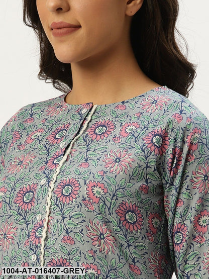 Grey  Printed Flared Floral Pure Cotton Kurti