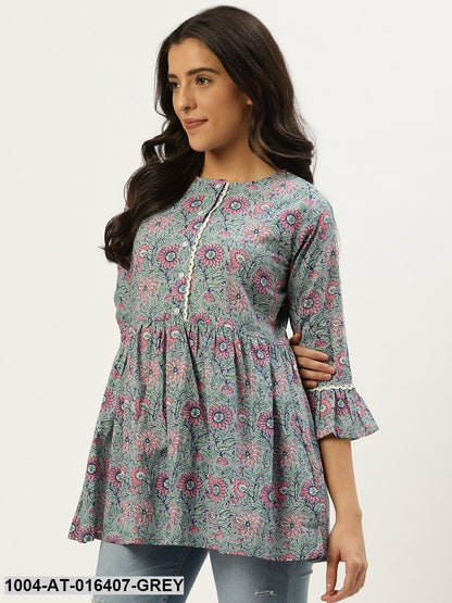 Grey  Printed Flared Floral Pure Cotton Kurti