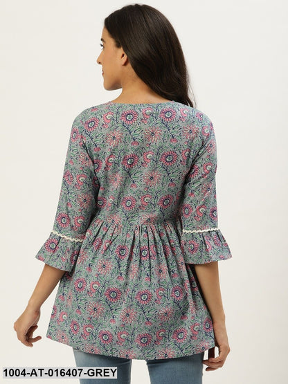 Grey  Printed Flared Floral Pure Cotton Kurti