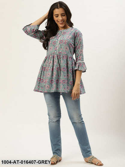 Grey  Printed Flared Floral Pure Cotton Kurti