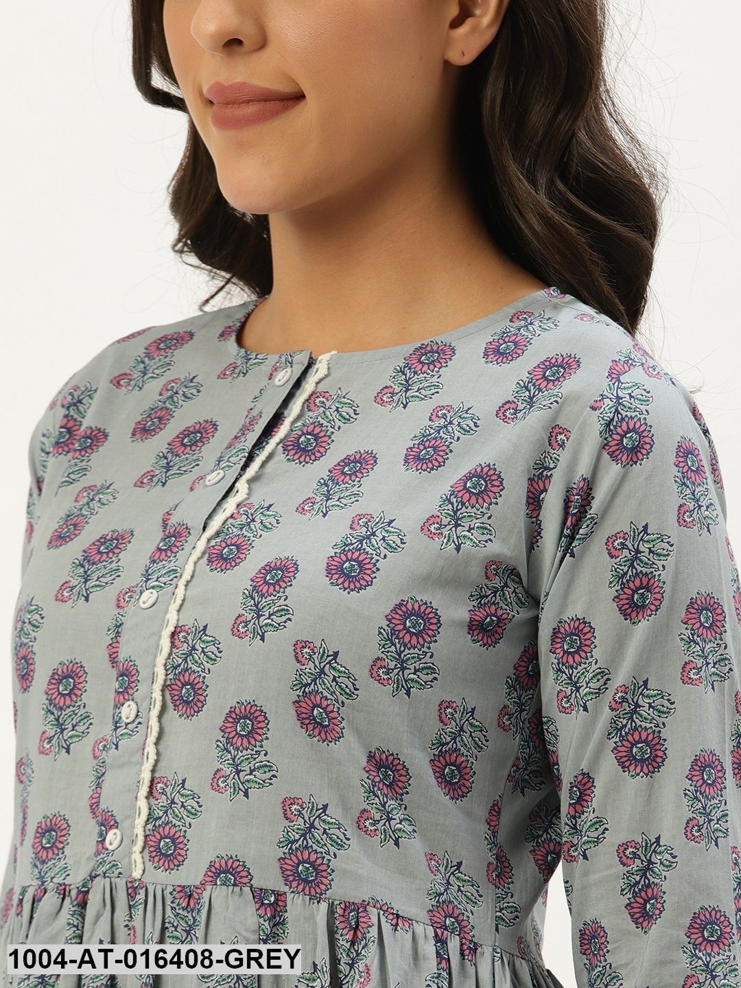 Grey  Printed Flared Floral Pure Cotton Kurti