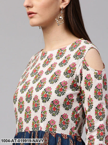 Navy & Off-White Printed Anarkali Kurta