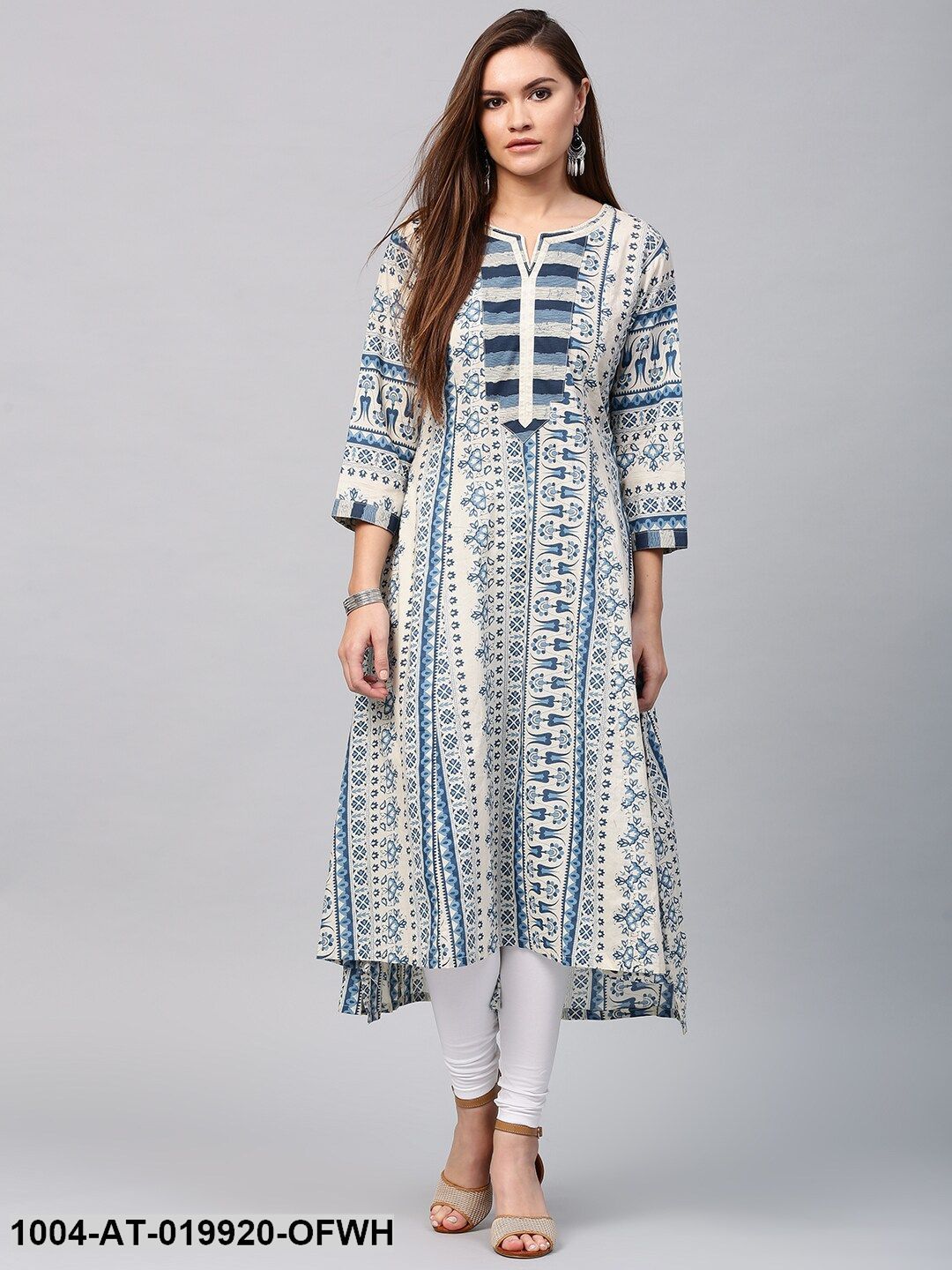 Off-White & Blue Printed A-Line Kurta