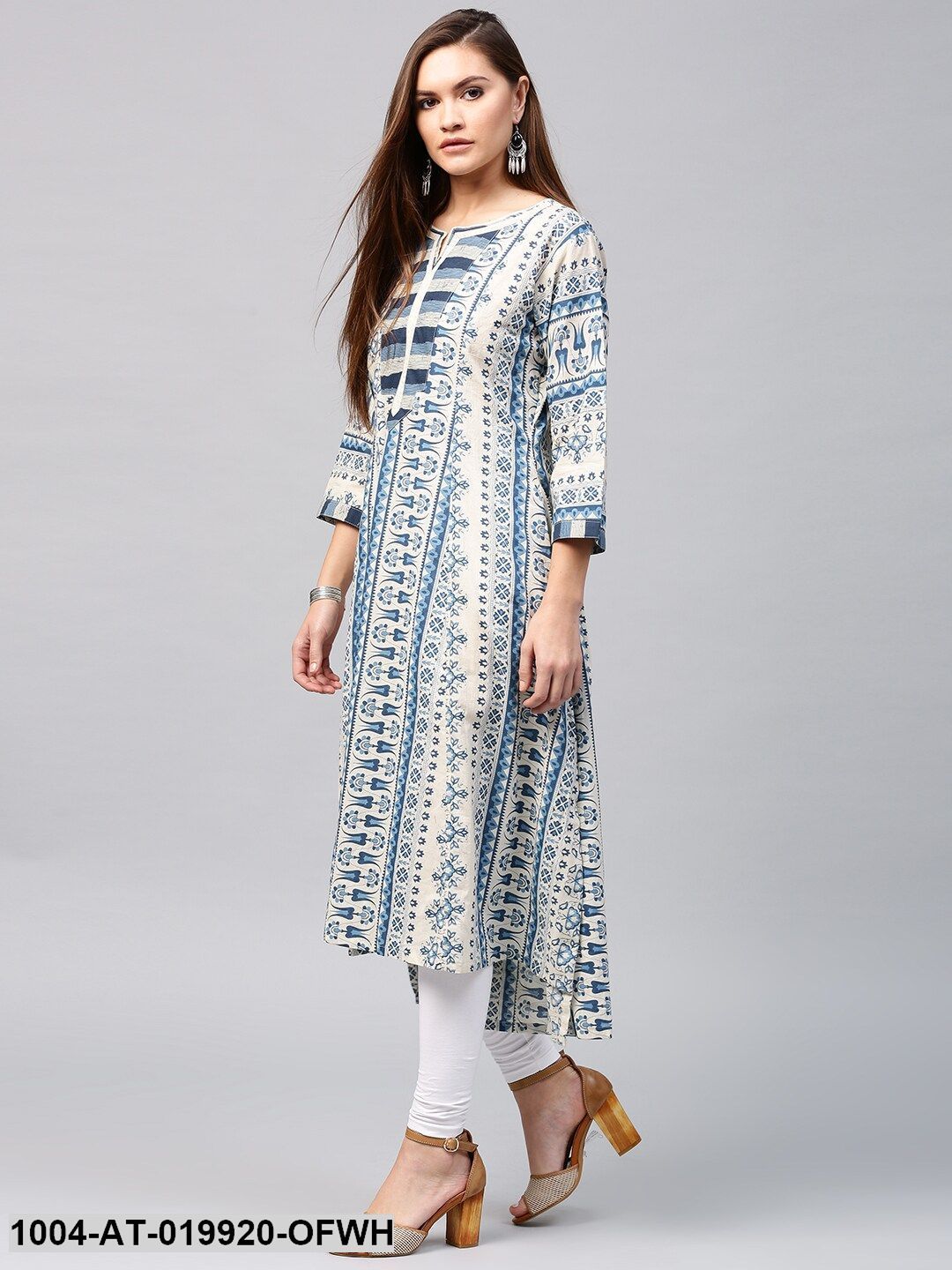Off-White & Blue Printed A-Line Kurta