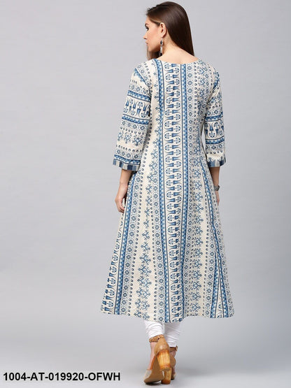 Off-White & Blue Printed A-Line Kurta
