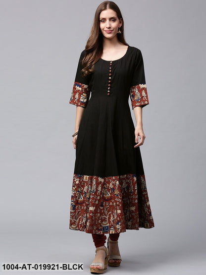 Black & Rust Orange Printed Anarkali Kurta
