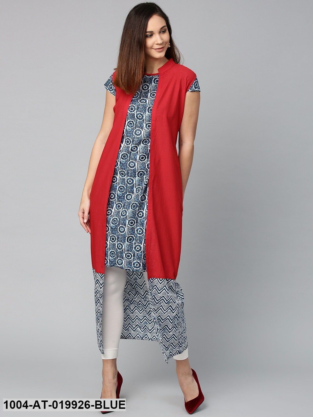 Blue Printed A-Line Kurta with Longline Jacket