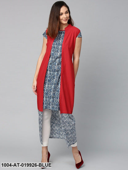 Blue Printed A-Line Kurta with Longline Jacket