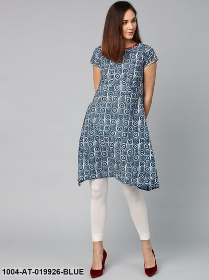 Blue Printed A-Line Kurta with Longline Jacket