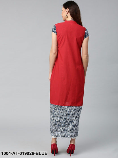 Blue Printed A-Line Kurta with Longline Jacket