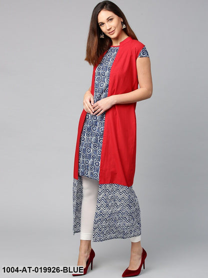 Blue Printed A-Line Kurta with Longline Jacket