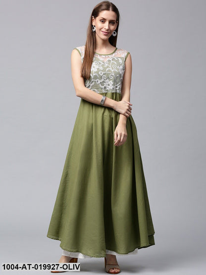 Olive Green & White Lace Yoke A-Line Kurta