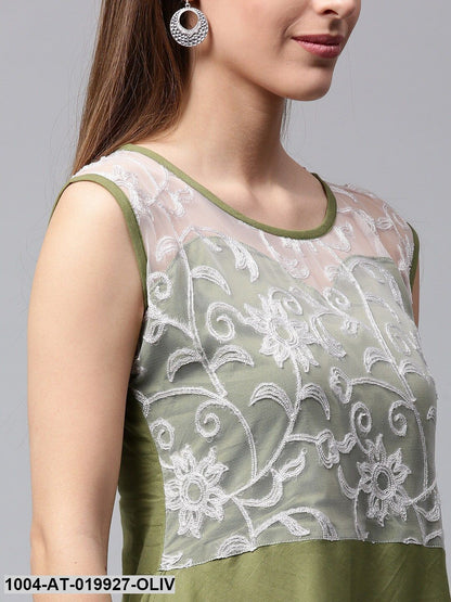 Olive Green & White Lace Yoke A-Line Kurta