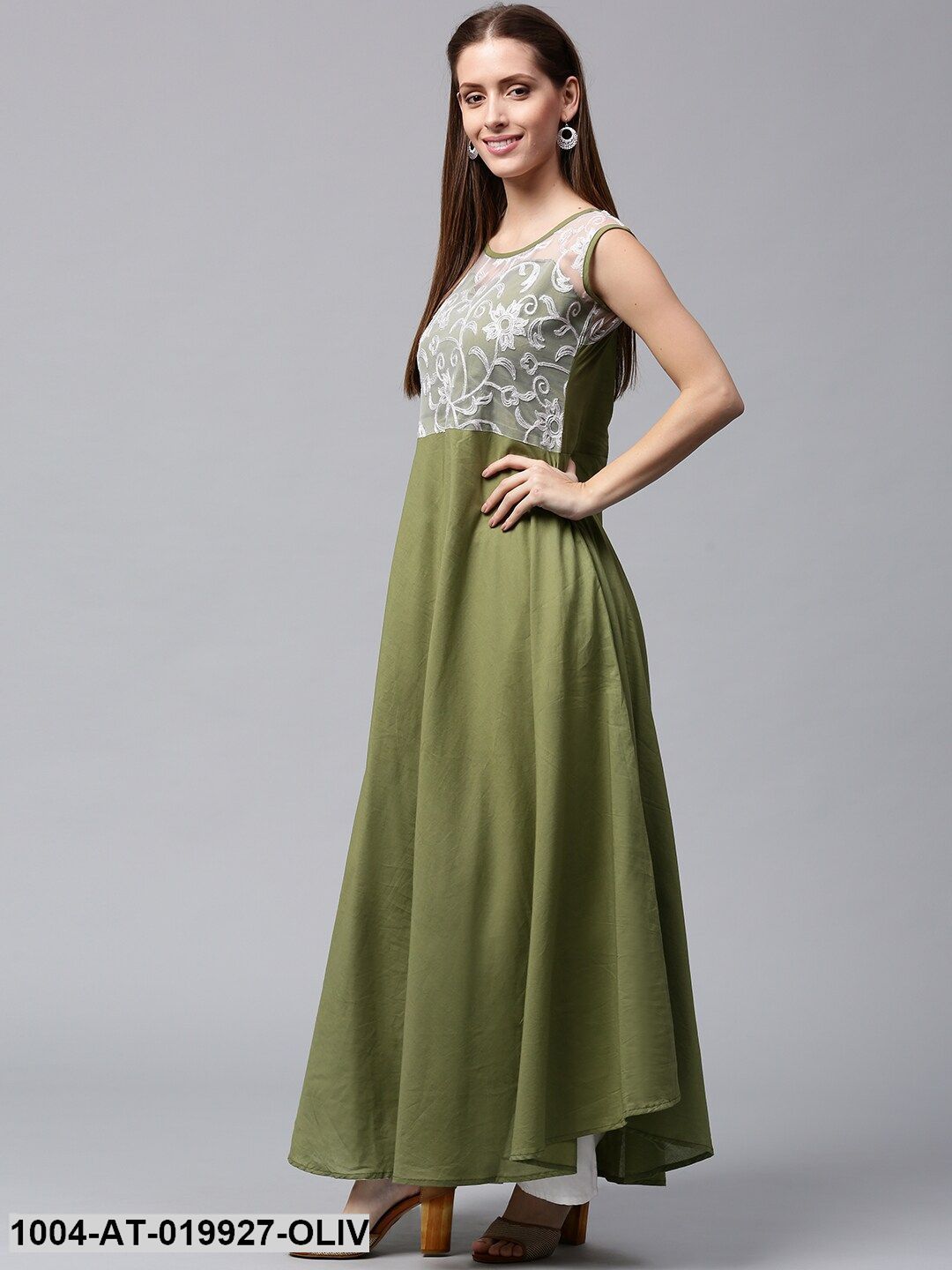 Olive Green & White Lace Yoke A-Line Kurta