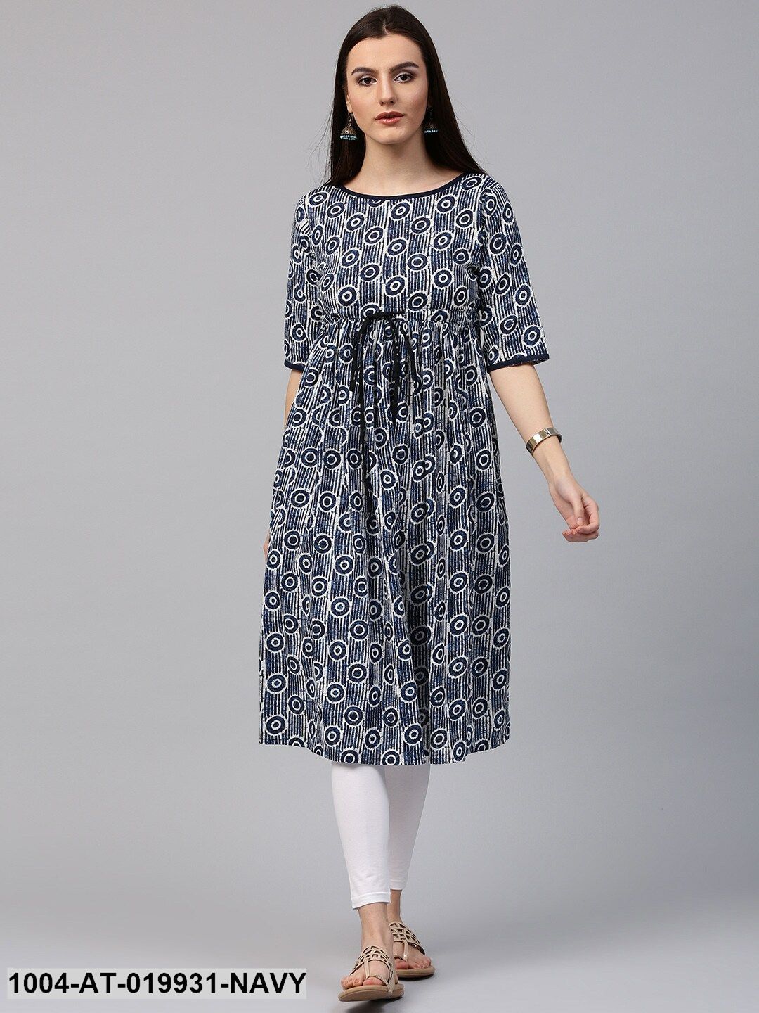 Navy & White Printed A-Line Kurta
