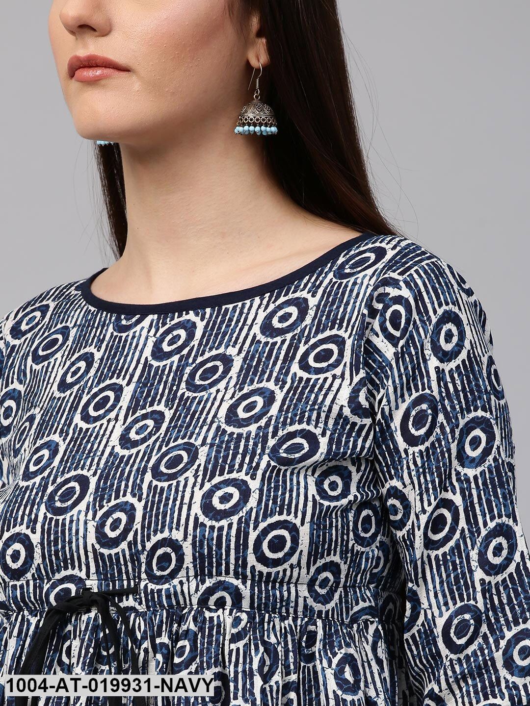 Navy & White Printed A-Line Kurta