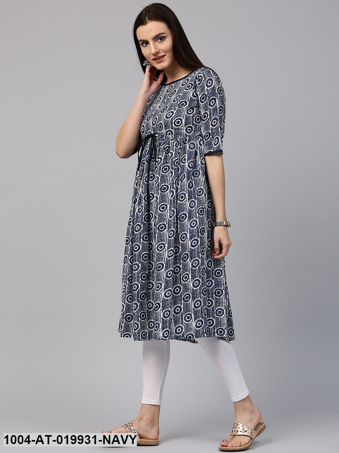 Navy & White Printed A-Line Kurta