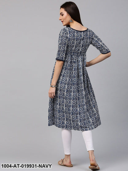 Navy & White Printed A-Line Kurta