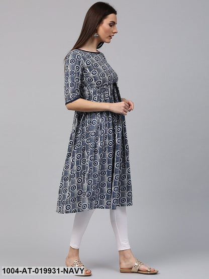 Navy & White Printed A-Line Kurta