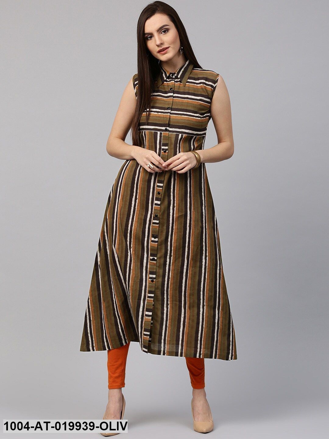 Olive Green Striped A-Line Kurta