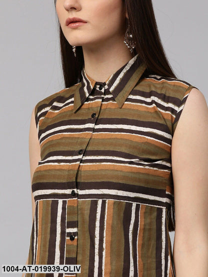 Olive Green Striped A-Line Kurta