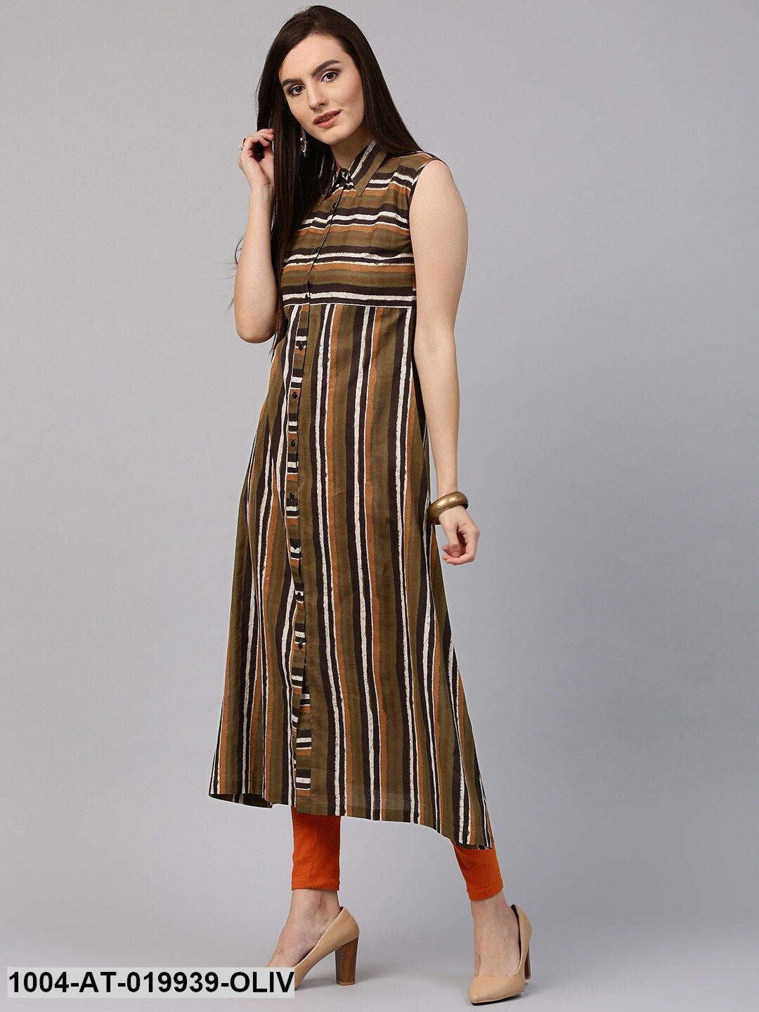 Olive Green Striped A-Line Kurta