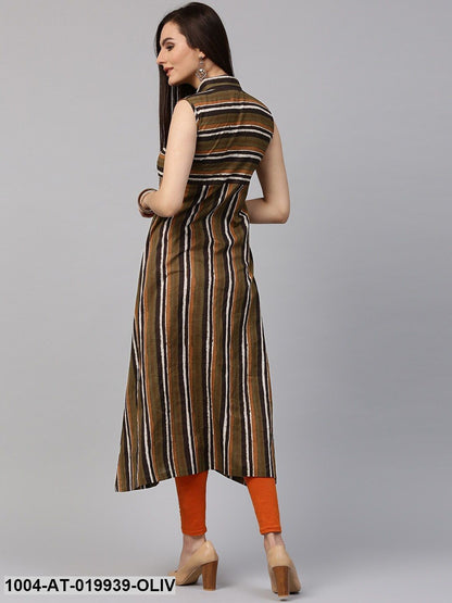 Olive Green Striped A-Line Kurta