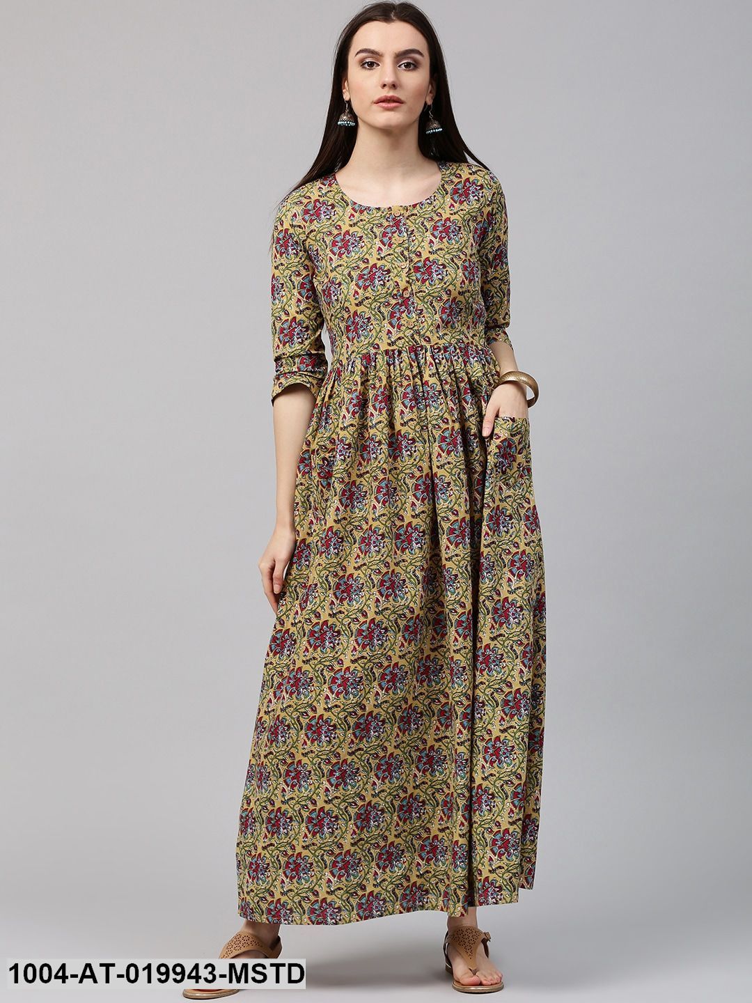 Mustard Yellow & Green Printed A-Line Kurta
