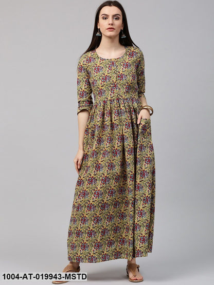 Mustard Yellow & Green Printed A-Line Kurta