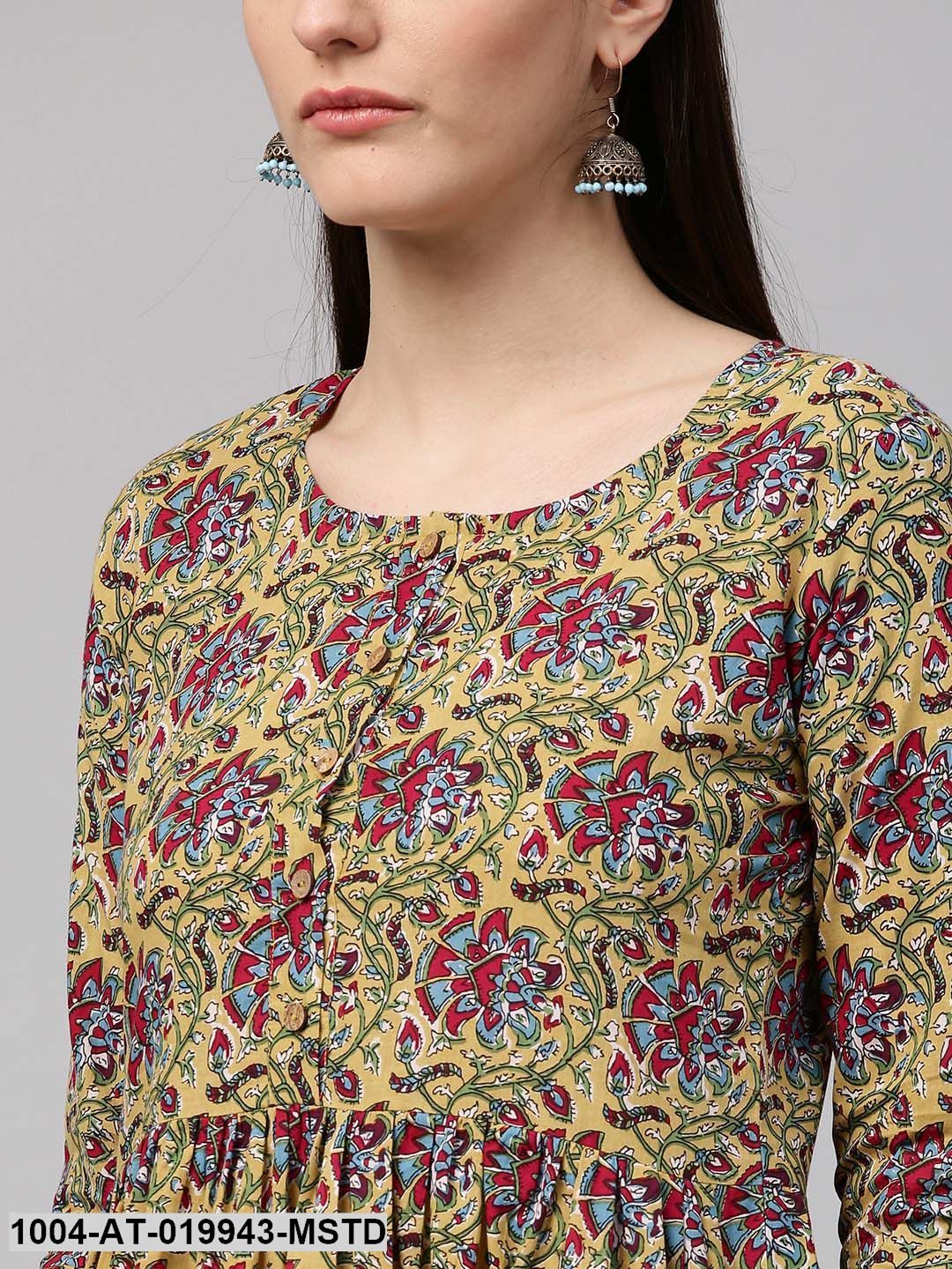 Mustard Yellow & Green Printed A-Line Kurta