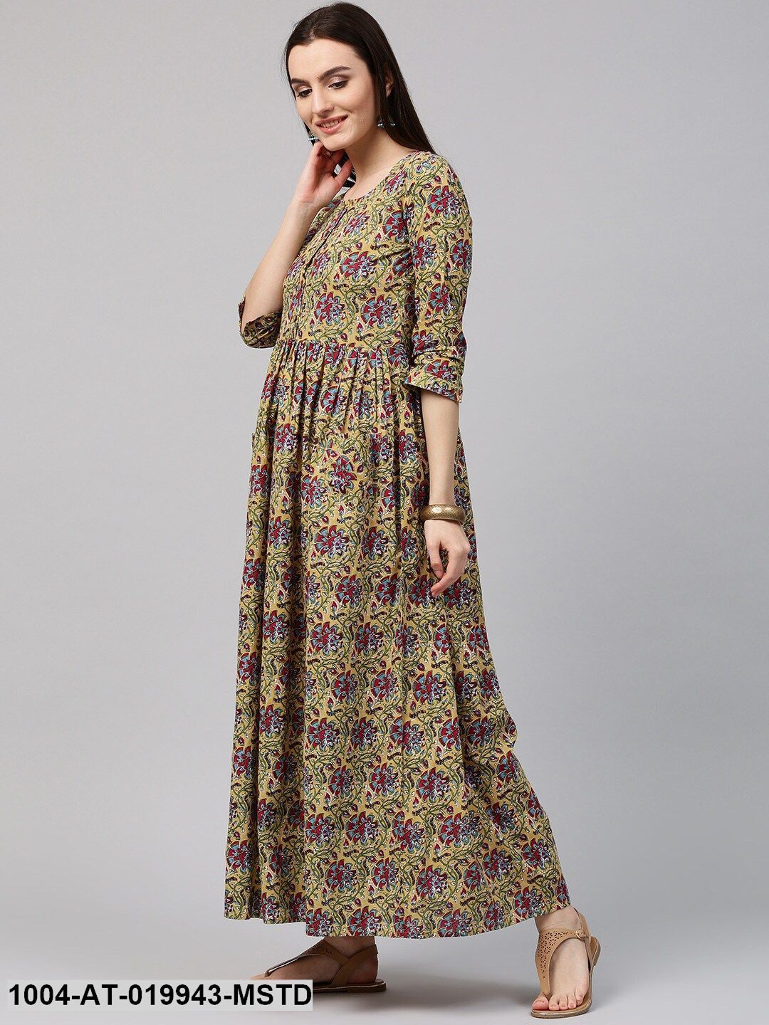 Mustard Yellow & Green Printed A-Line Kurta