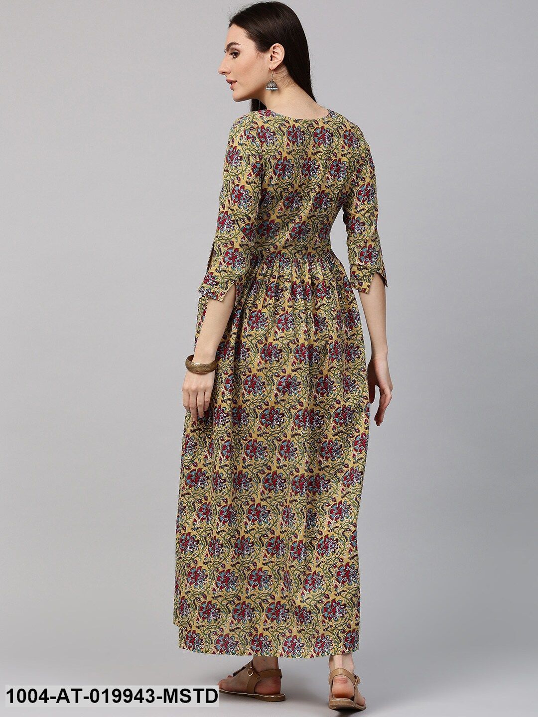 Mustard Yellow & Green Printed A-Line Kurta