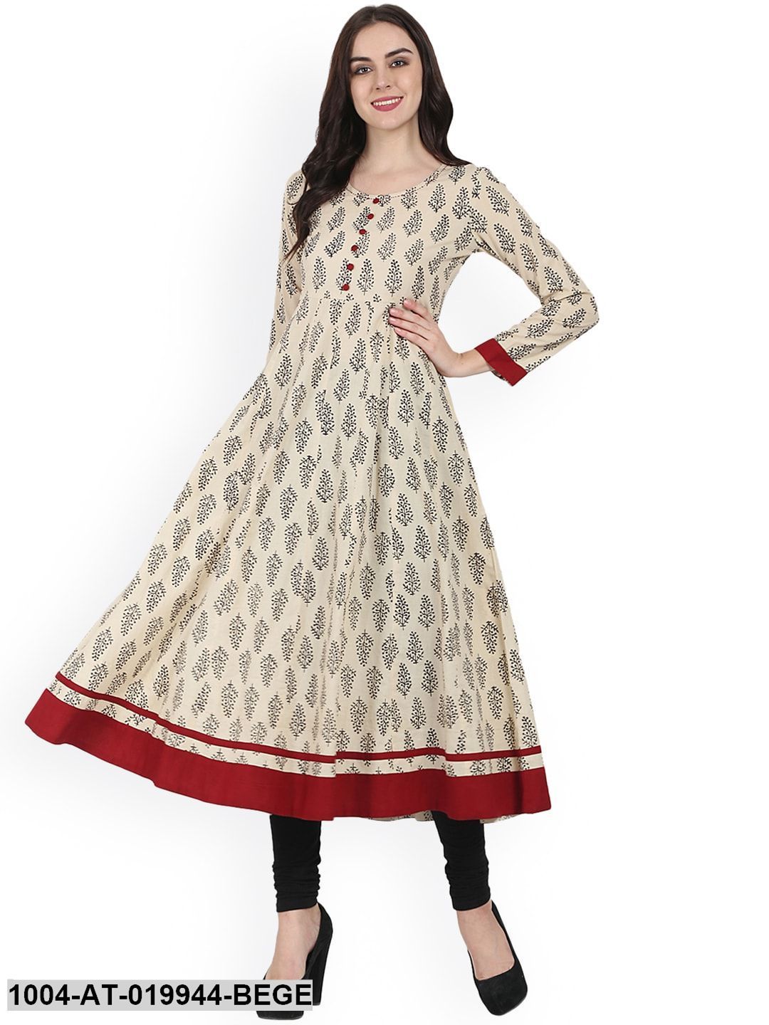 Beige & Black Printed Anarkali Kurta