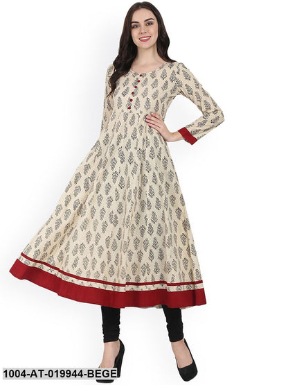 Beige & Black Printed Anarkali Kurta