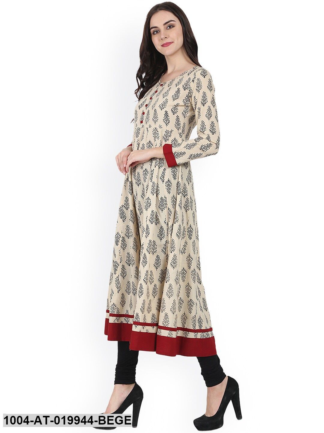 Beige & Black Printed Anarkali Kurta