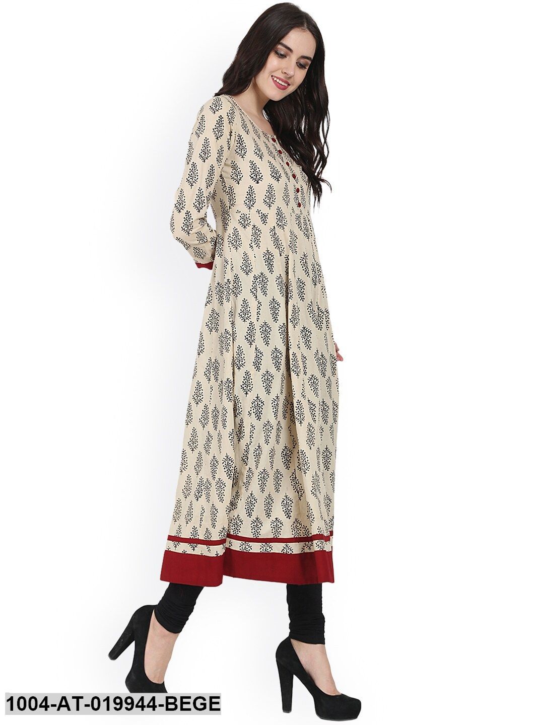 Beige & Black Printed Anarkali Kurta