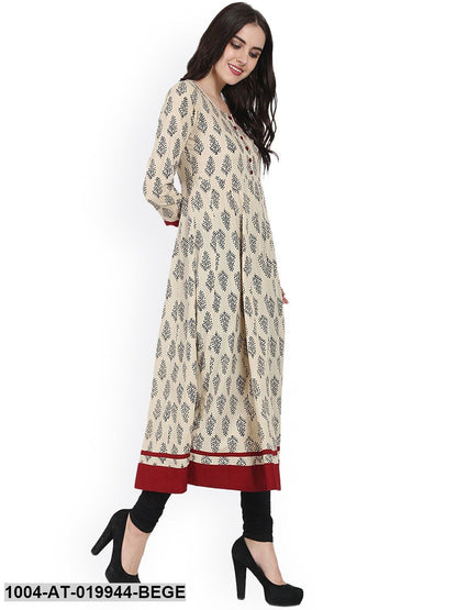 Beige & Black Printed Anarkali Kurta