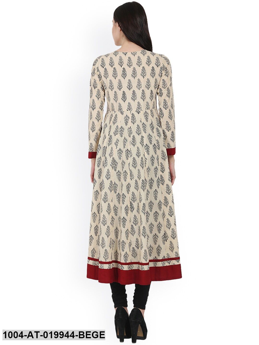 Beige & Black Printed Anarkali Kurta
