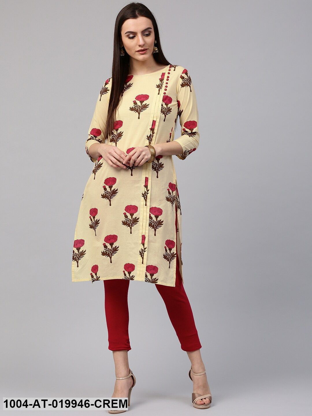 Cream-Coloured & Pink Floral Print Straight Kurta