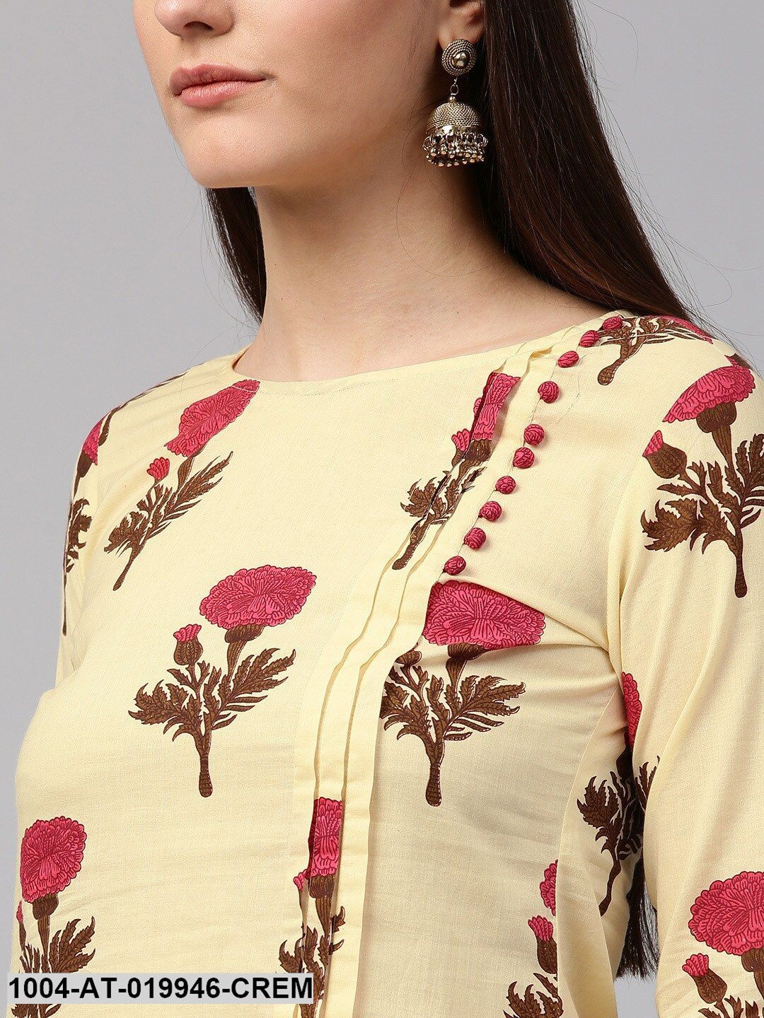 Cream-Coloured & Pink Floral Print Straight Kurta