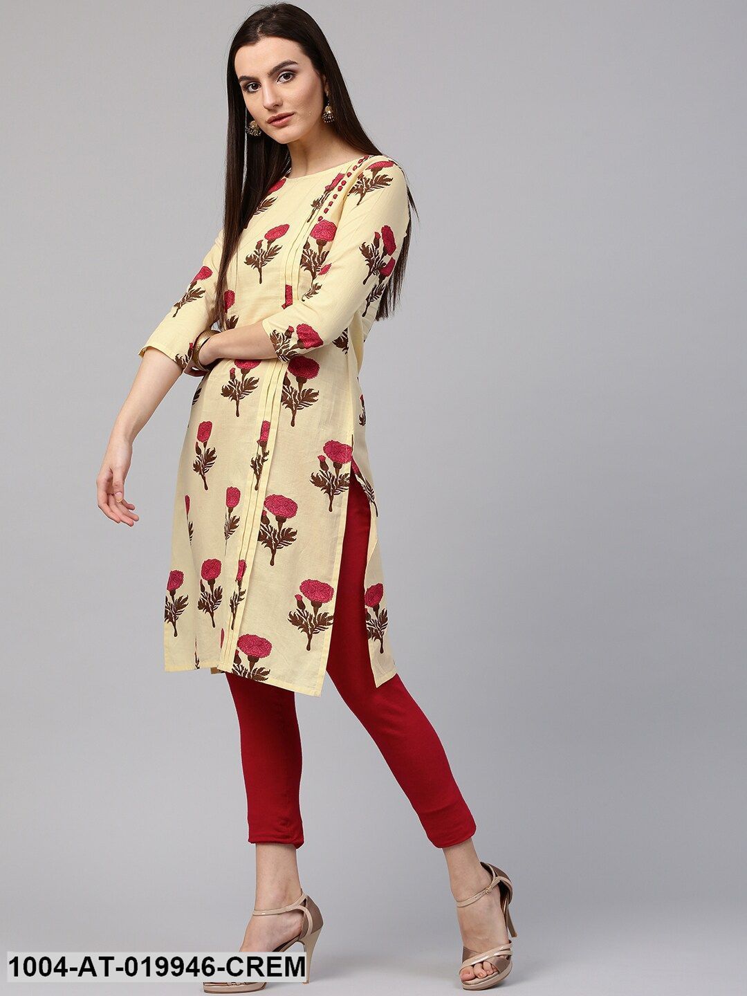Cream-Coloured & Pink Floral Print Straight Kurta